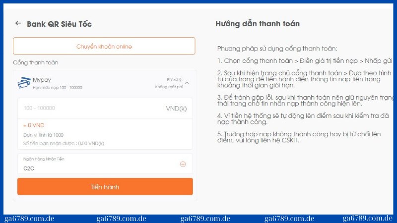 Nạp tiền Ga6789: Hướng dẫn các bước đơn giản trong 1 phút 1 Nạp tiền tại nhà cái Ga6789 qua hình thức bank QR siêu tốc